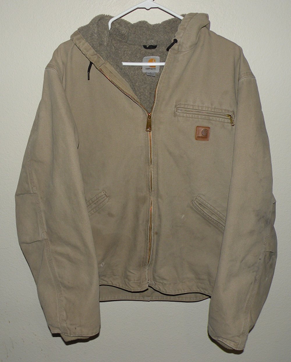 Carhartt J141 266 Mens Large Sherpa Lined Canvas Work Jacket Lt Gray Hood Stains